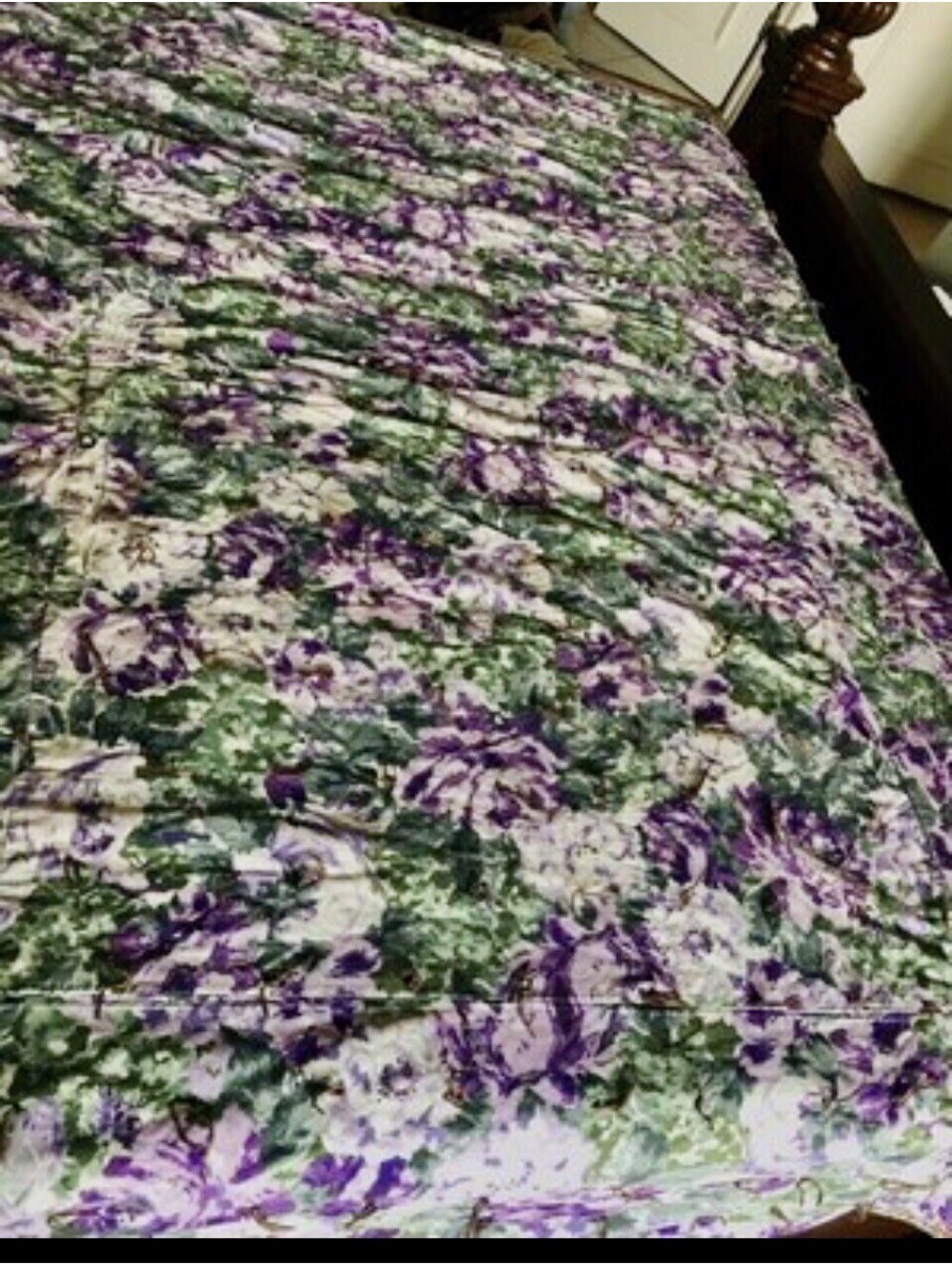 Vintage Handmade Reversible Purple/Brown Floral Cotton Quilted 70”x94” Blanket